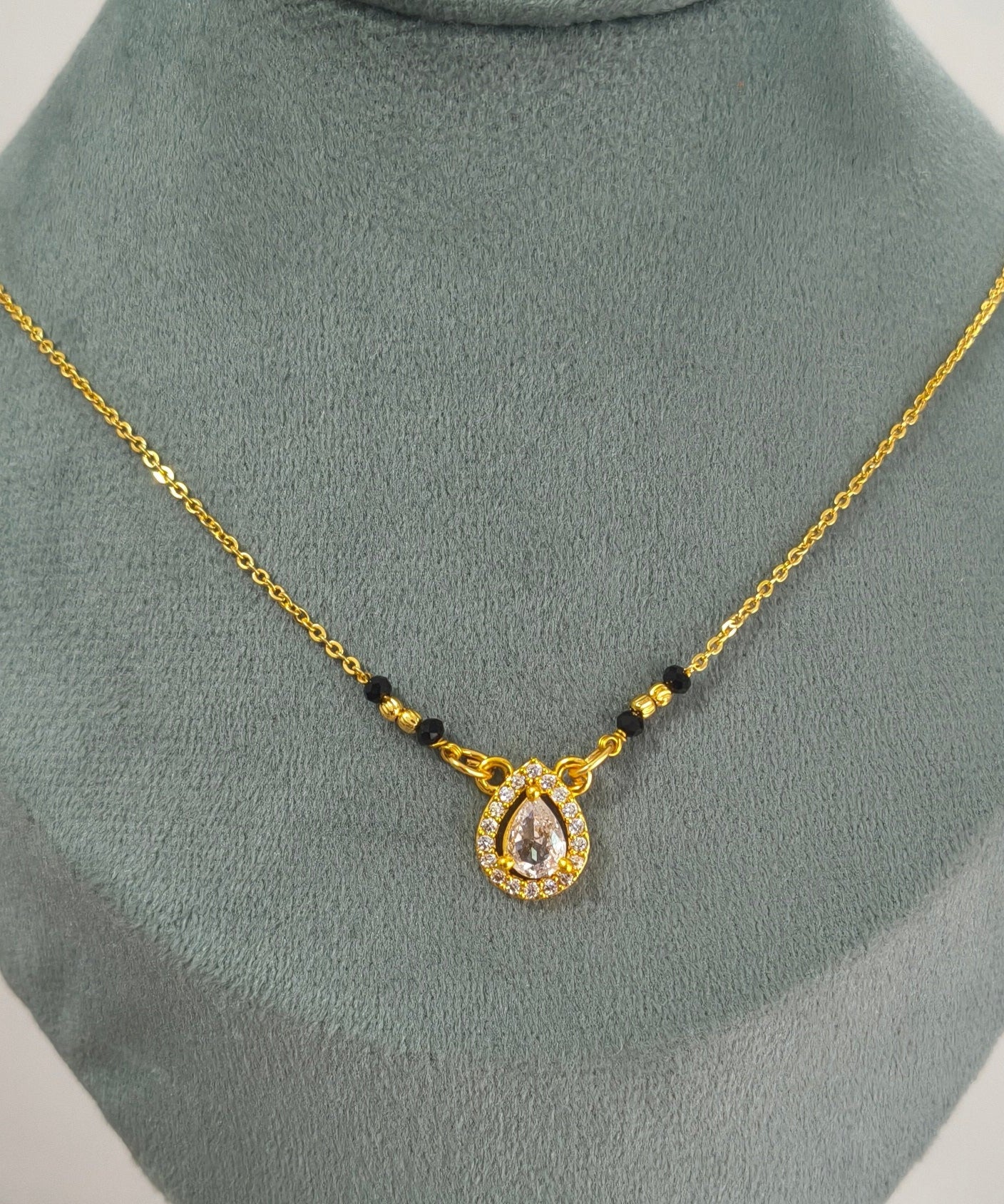 Daily Wear Black Beaded Oval Solitaire Pendant Mangalsutra