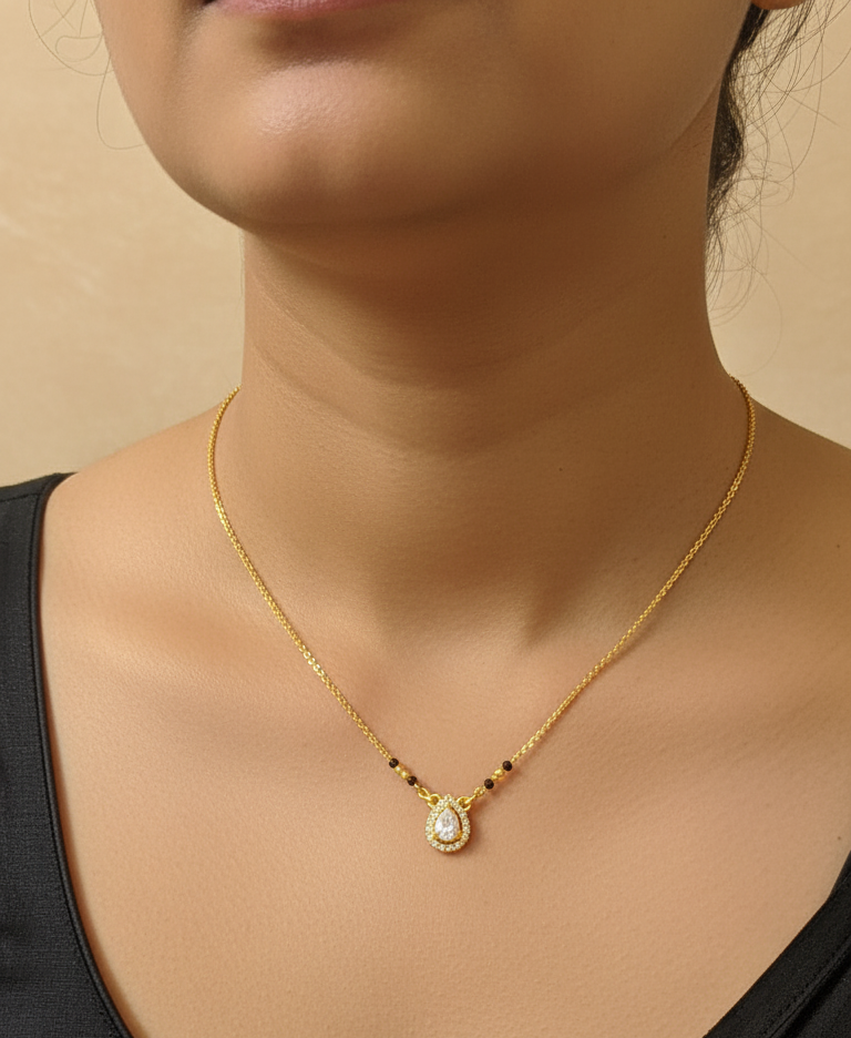 Daily Wear Black Beaded Oval Solitaire Pendant Mangalsutra