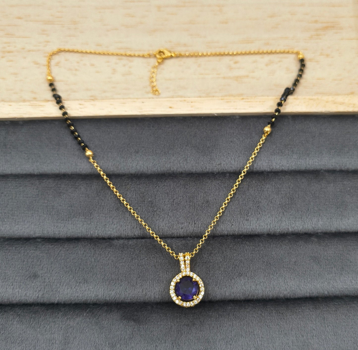 Daily Wear Black Beaded Purple Stone Pendant Mangalsutra