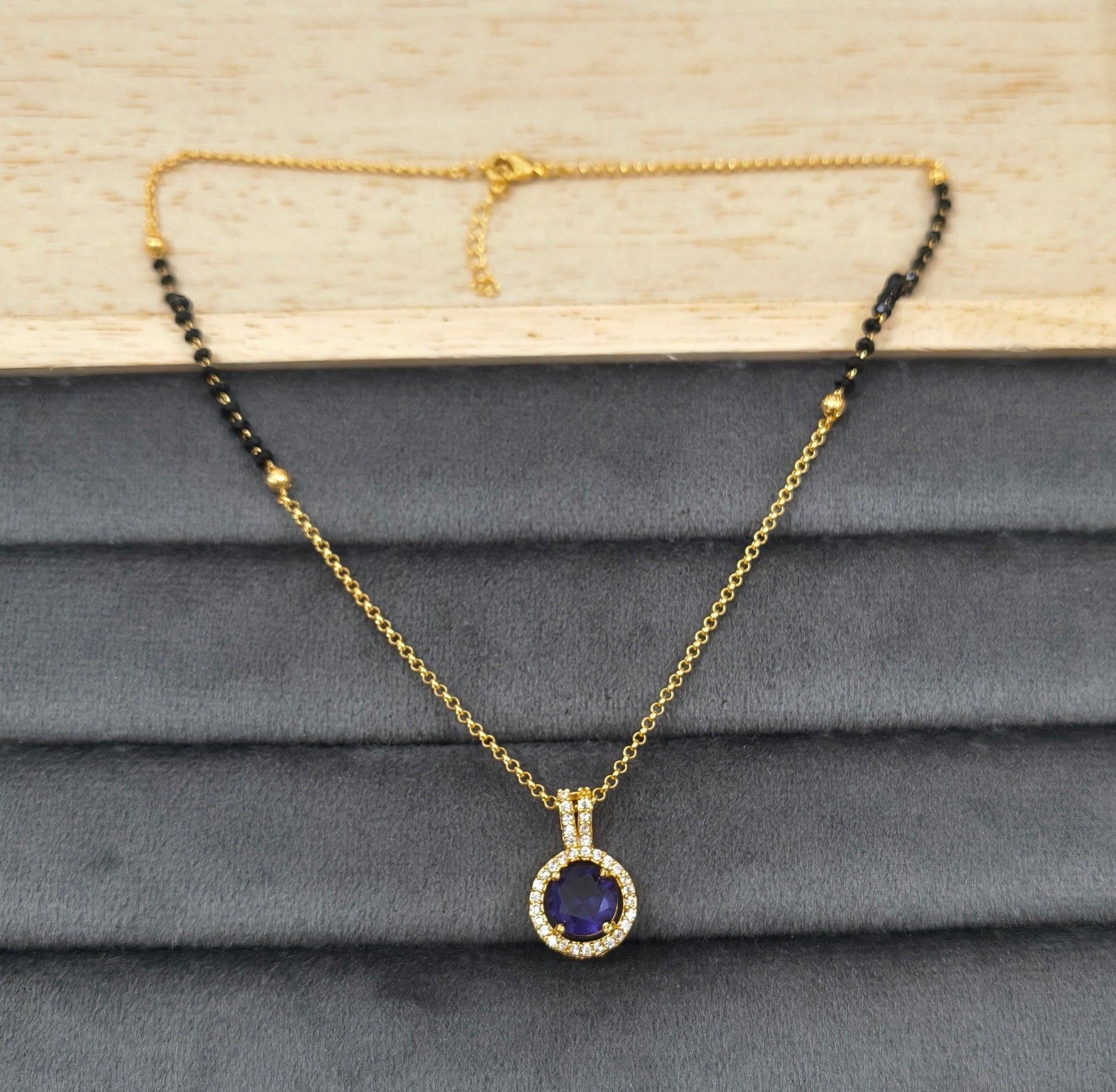 Daily Wear Black Beaded Purple Stone Pendant Mangalsutra