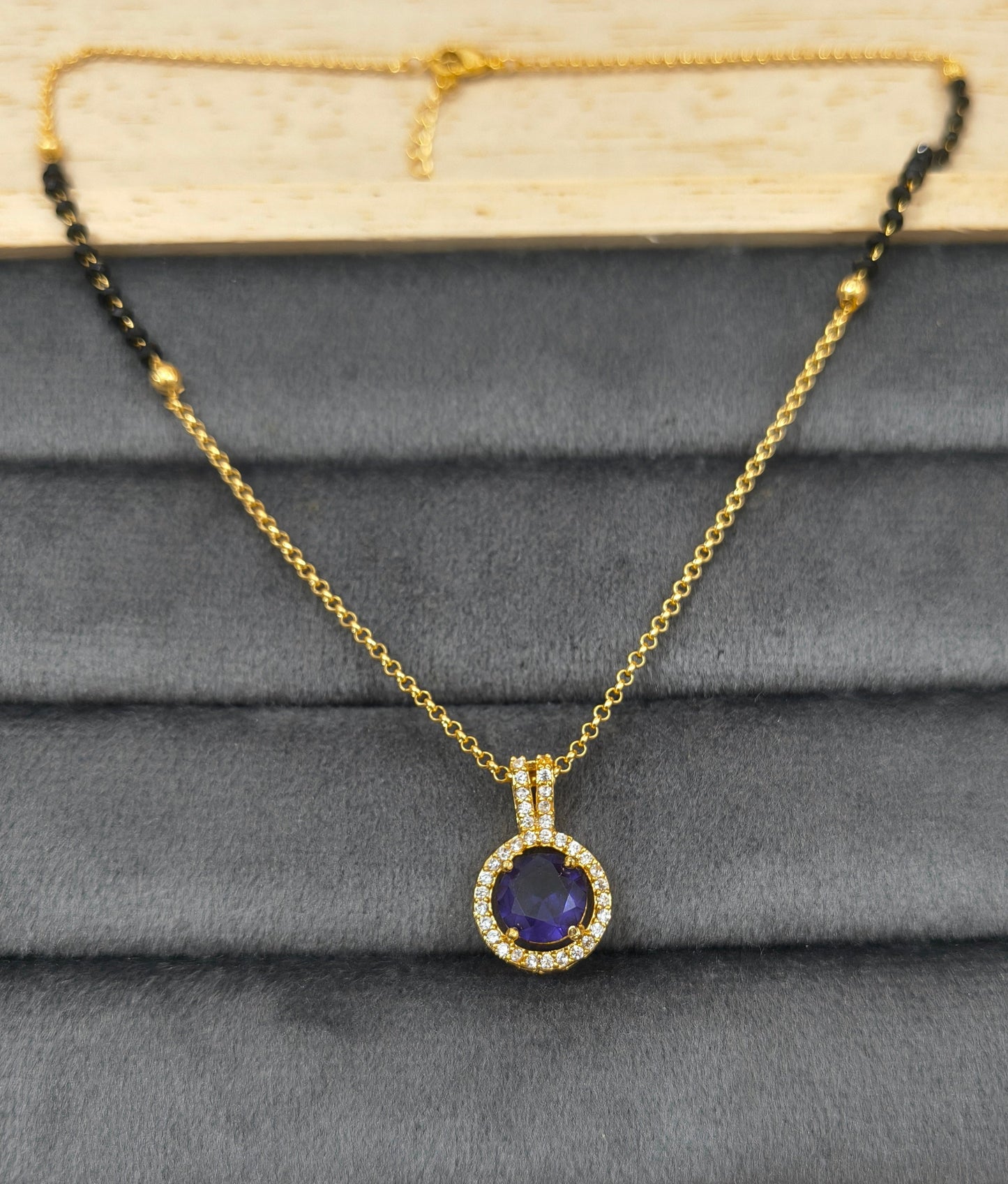 Daily Wear Black Beaded Purple Stone Pendant Mangalsutra