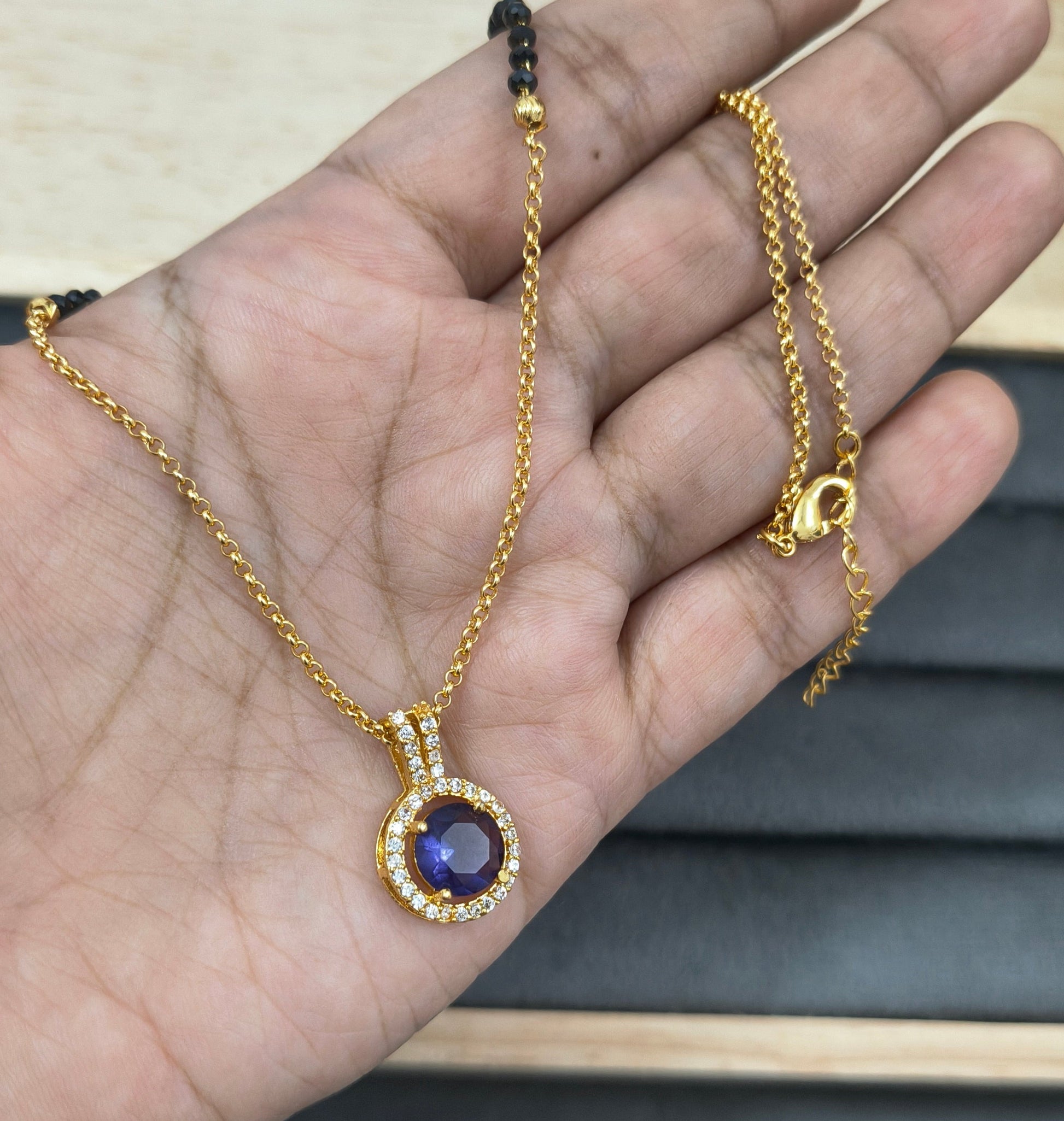Daily Wear Black Beaded Purple Stone Pendant Mangalsutra
