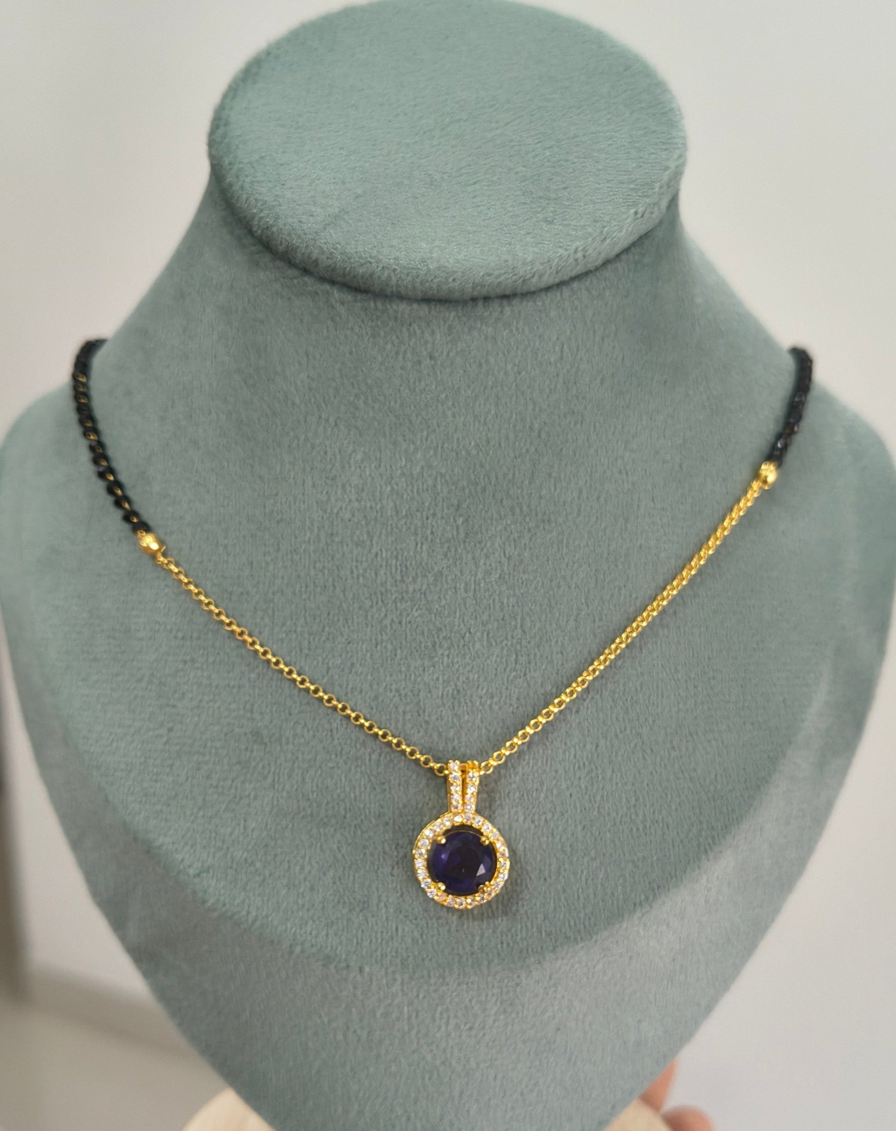 Daily Wear Black Beaded Purple Stone Pendant Mangalsutra