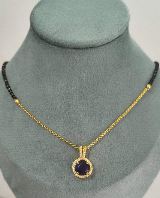Daily Wear Black Beaded Purple Stone Pendant Mangalsutra