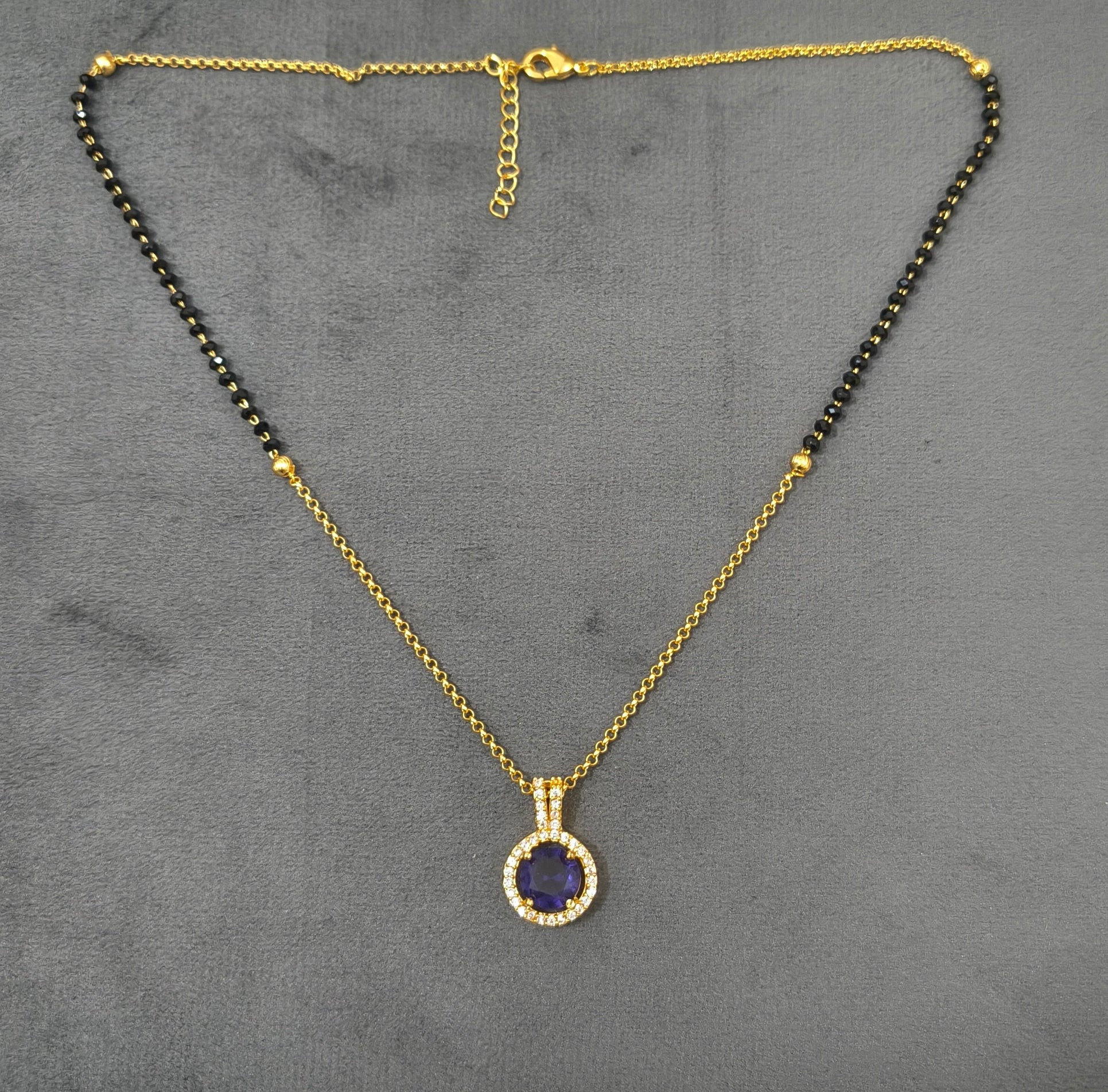 Daily Wear Black Beaded Purple Stone Pendant Mangalsutra