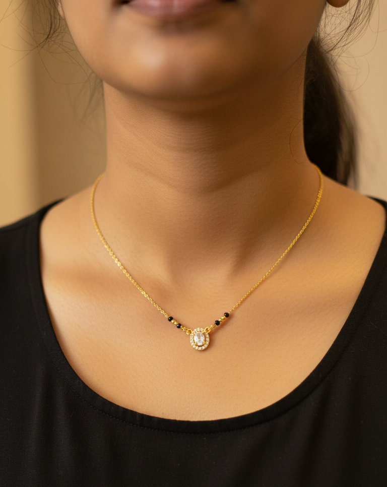 Daily Wear Black Beaded Round Solitaire Pendant Mangalsutra