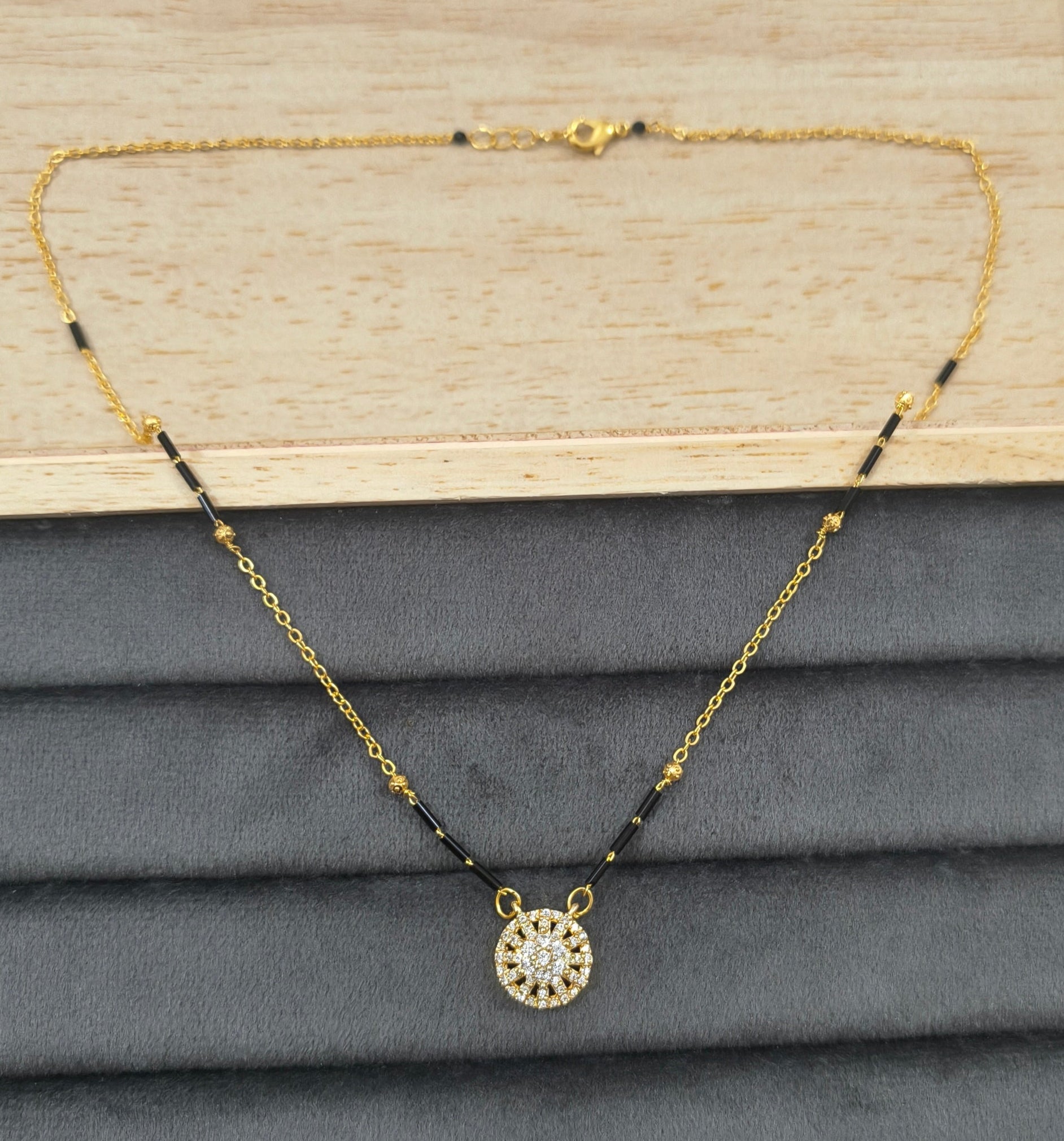 Daily Wear Black Beaded Stylish Diamond Round Pendant Mangalsutra