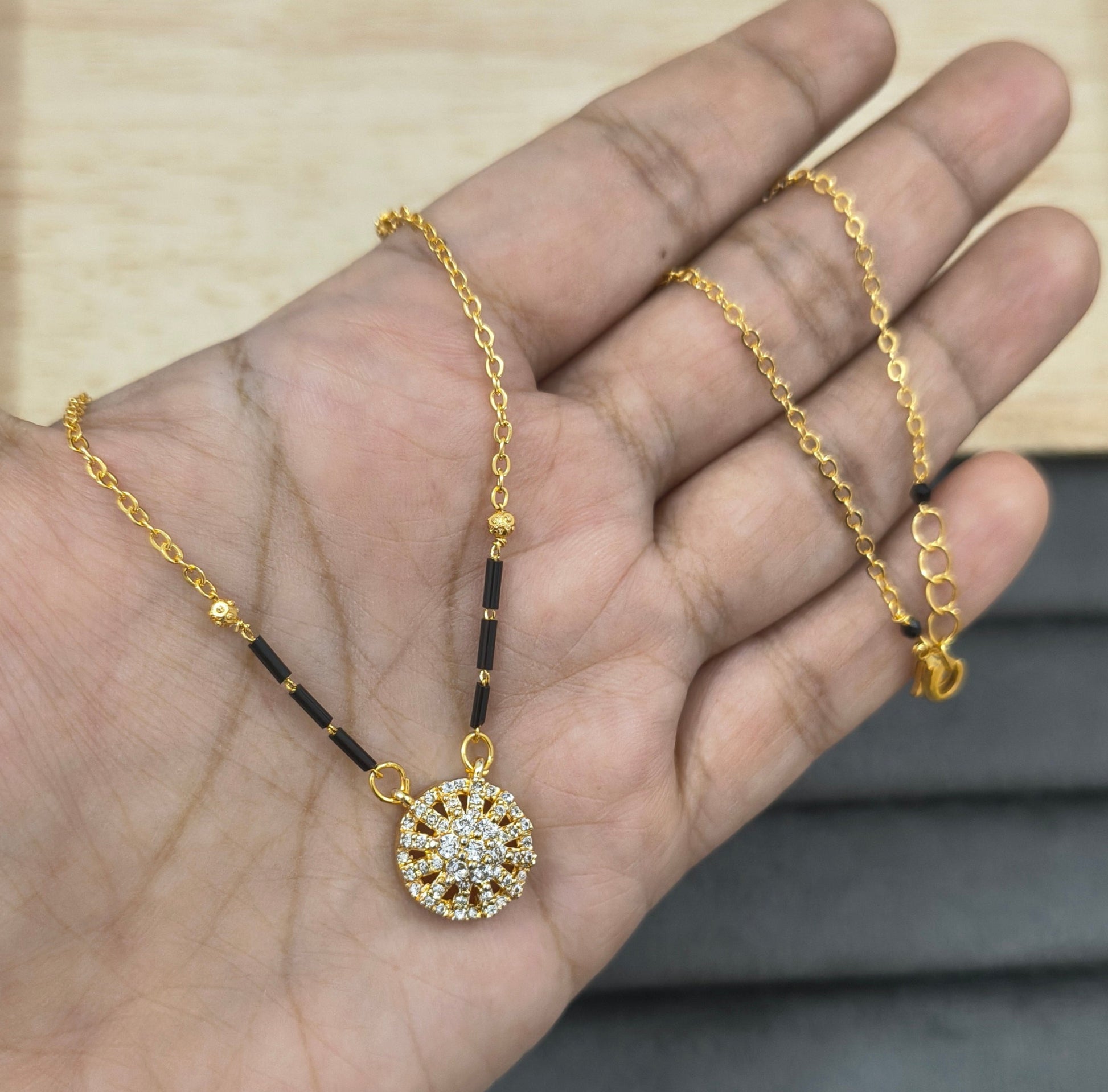 Daily Wear Black Beaded Stylish Diamond Round Pendant Mangalsutra