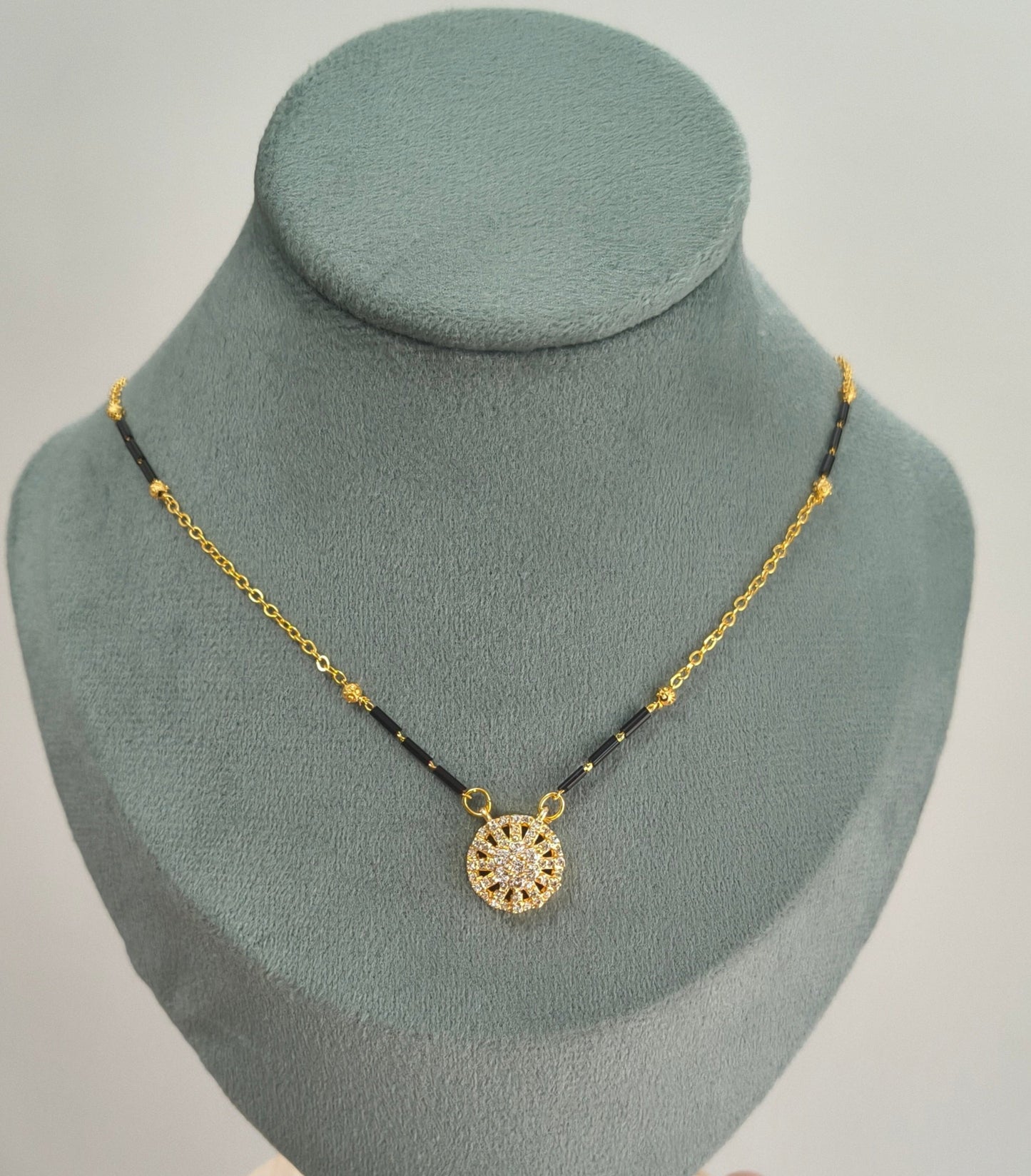 Daily Wear Black Beaded Stylish Diamond Round Pendant Mangalsutra