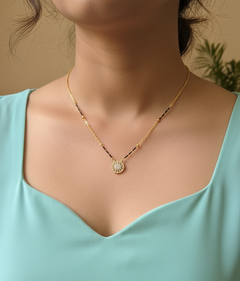 Daily Wear Black Beaded Stylish Diamond Round Pendant Mangalsutra