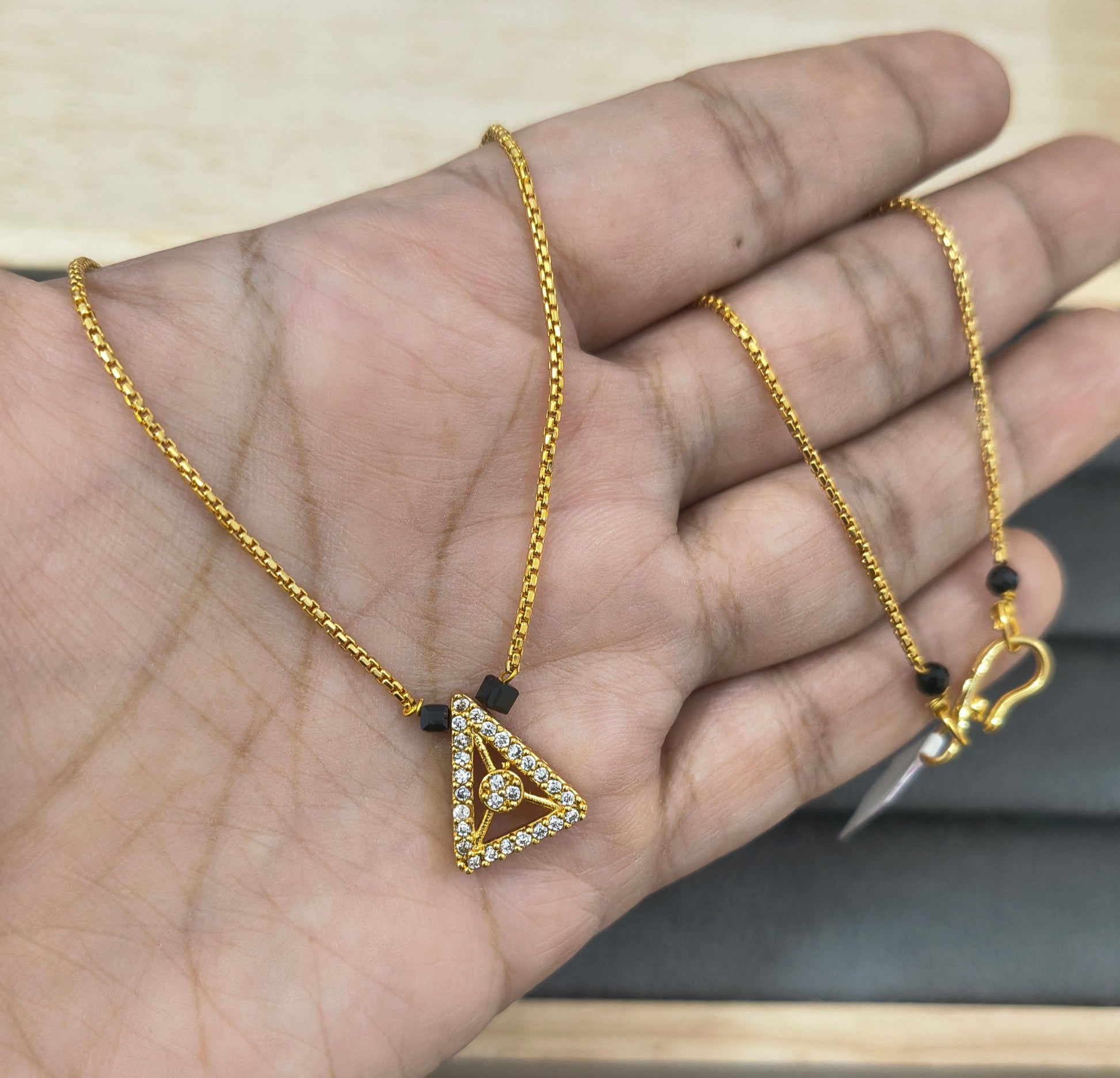 Daily Wear Black Beaded Stylish Triangle Pendant Mangalsutra