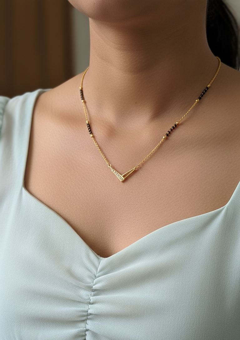 Daily Wear Black Beaded V Shaped Pendant Mangalsutra