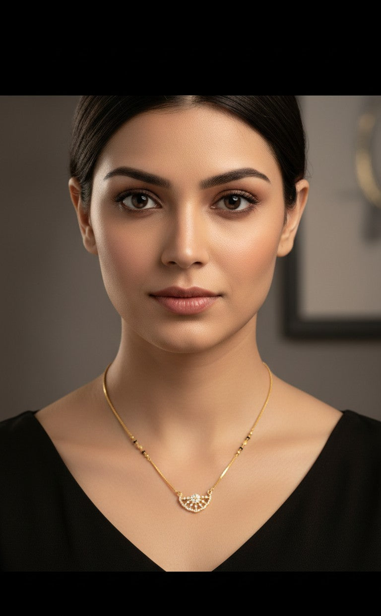 Daily Wear Mangalsutra Black Beaded AD Crown Pendant