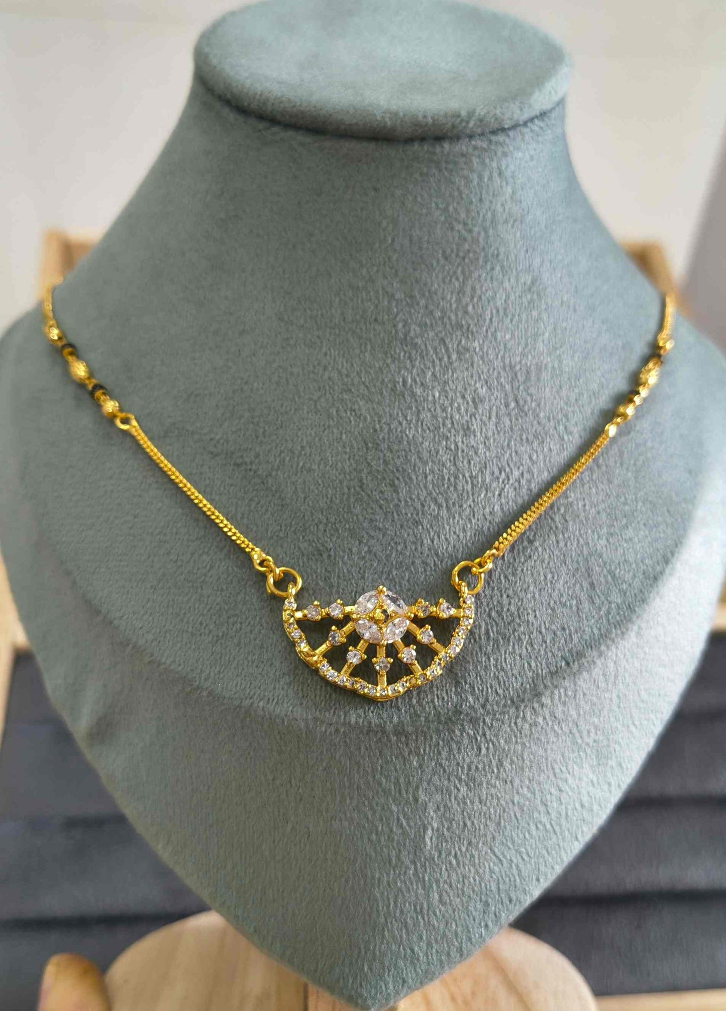 Daily Wear Mangalsutra Black Beaded AD Crown Pendant