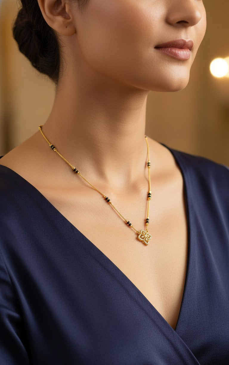 Daily Wear Mangalsutra Black Beaded AD Flower Pendant