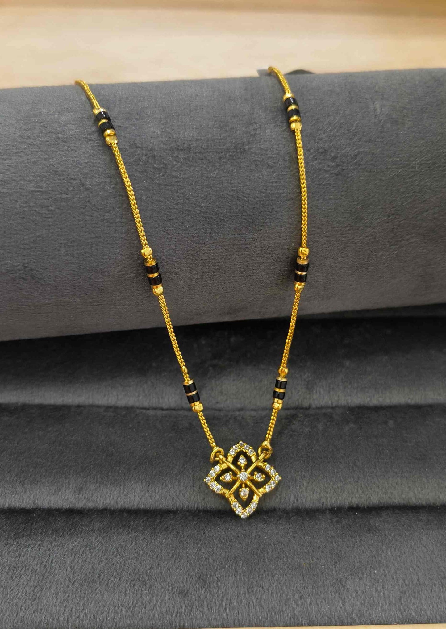 Daily Wear Mangalsutra Black Beaded AD Flower Pendant