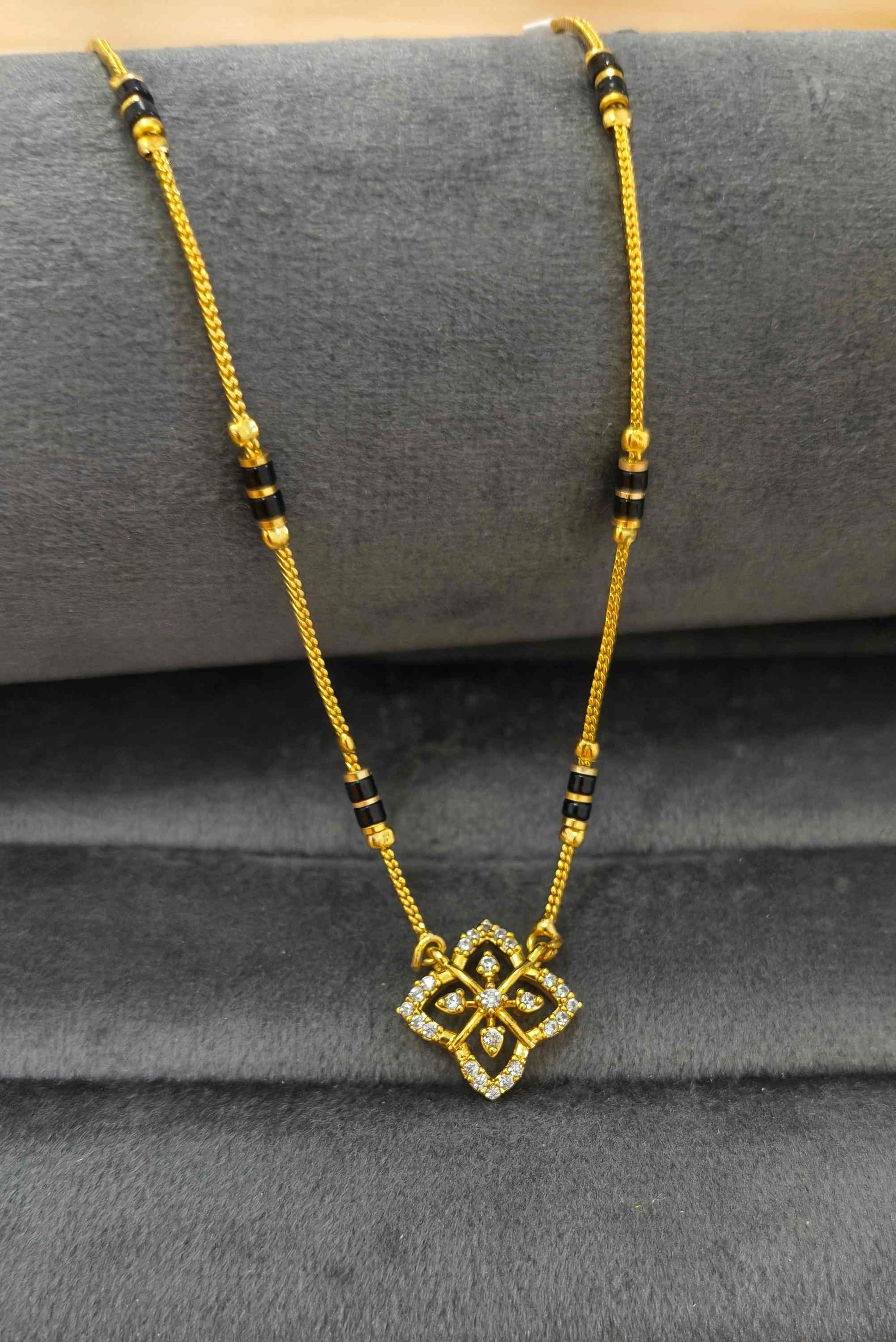 Daily Wear Mangalsutra Black Beaded AD Flower Pendant