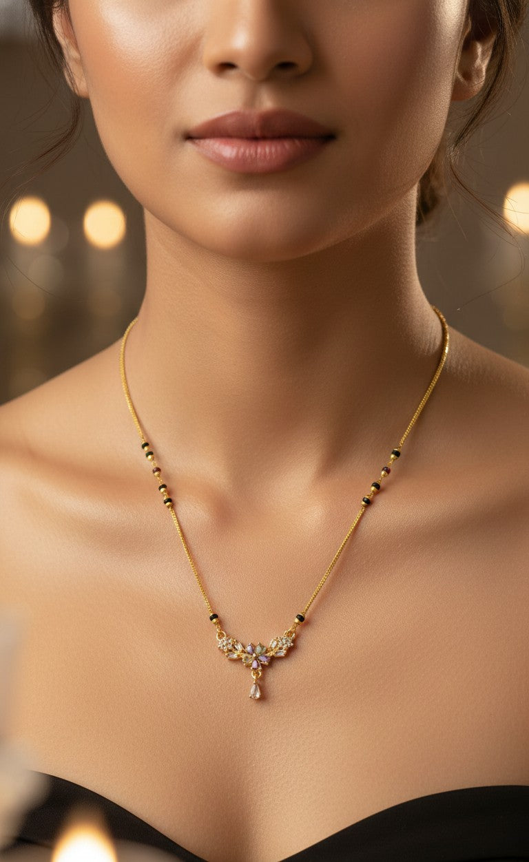 Daily Wear Mangalsutra Black Beaded Multi Stone Pendant