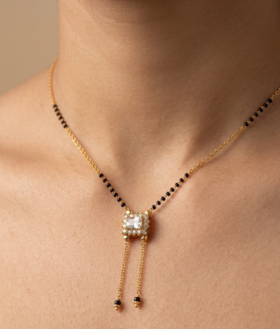Modern Micro gold plated daily wear mangalsutra with rectangular CZ diamond pendant and invisible black bead chain