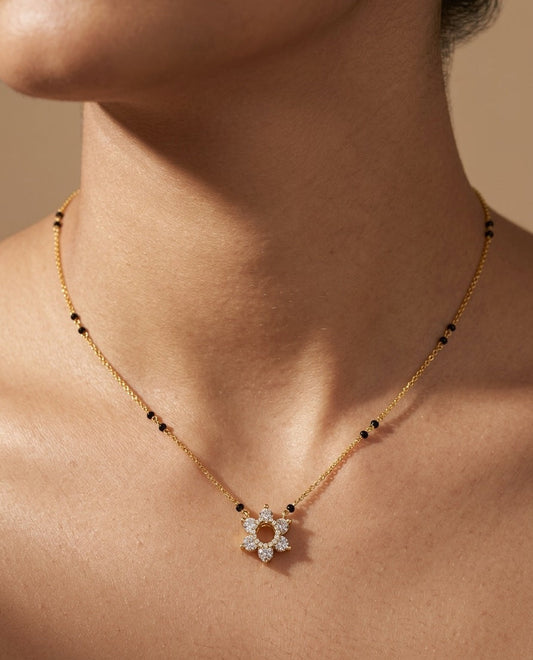 Daily Wear Mangalsutra with Shiny Diamond Flower Pendant