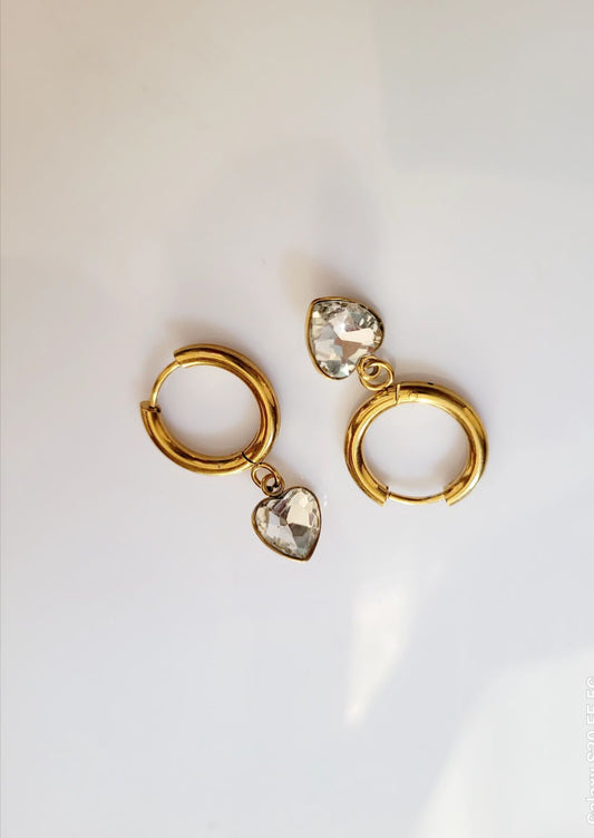 Dainty Diamond Heart Dangler Earrings 18K Gold Plated