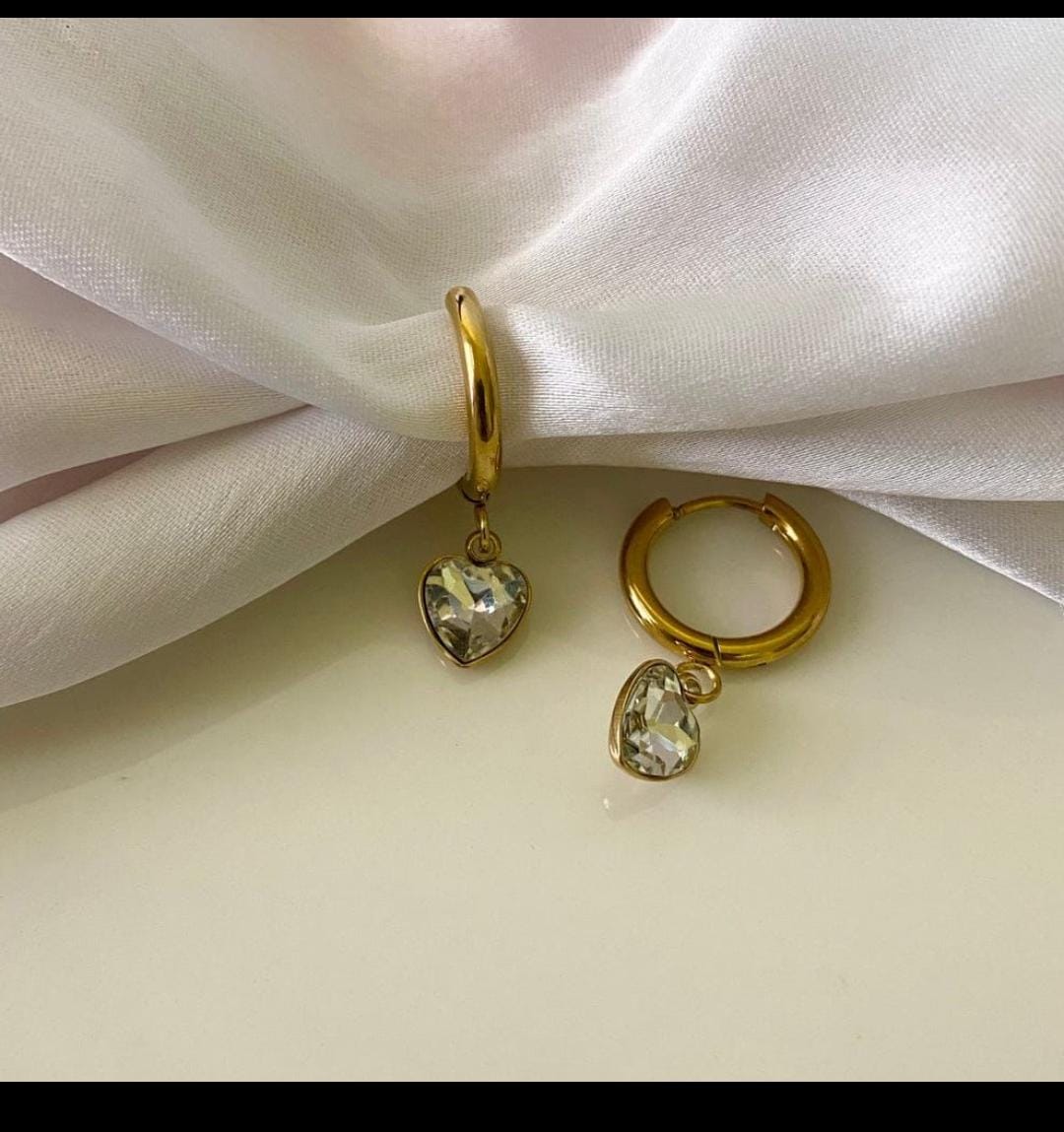 Dainty Diamond Heart Dangler Earrings 18K Gold Plated