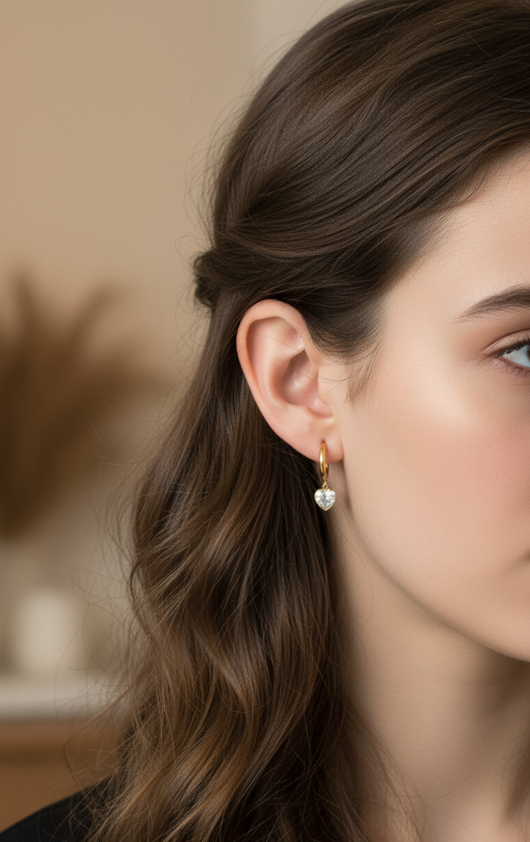 Dainty Diamond Heart Dangler Earrings 18K Gold Plated