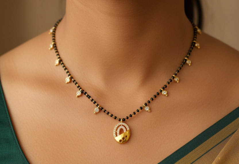 Dazzling Stone Studded Oval Pendant Beaded Mangalsutra Chain
