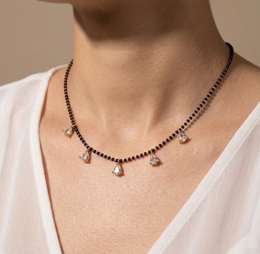 Diamond Drops Style Black Beaded Mangalsutra Chain