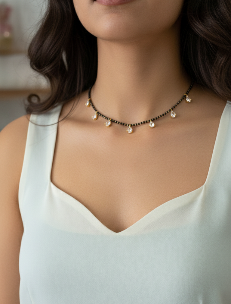 Diamond Drops Style Black Beaded Mangalsutra Chain