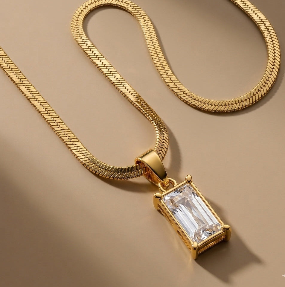 Diamond Pendant Necklace Snake Chain 18K Gold Plated
