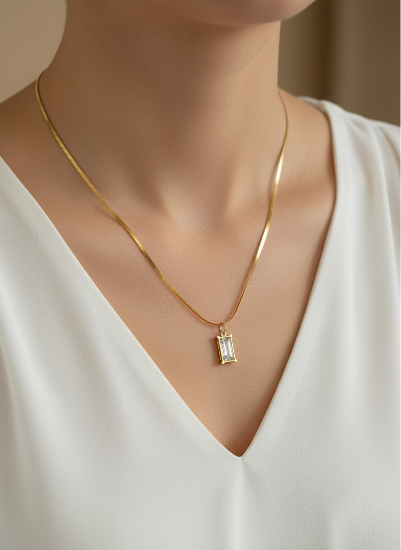 Diamond Pendant Necklace Snake Chain 18K Gold Plated