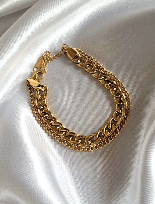 Double Layered Cuban Chain Bracelet 18K Gold Plated