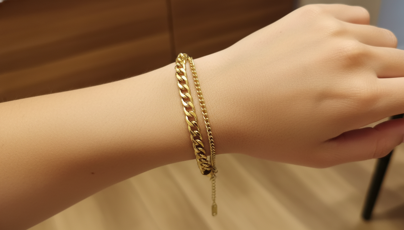 Double Layered Cuban Chain Bracelet 18K Gold Plated