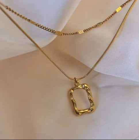 Double Layered Hollow Pendant Necklace 18K Gold Plated