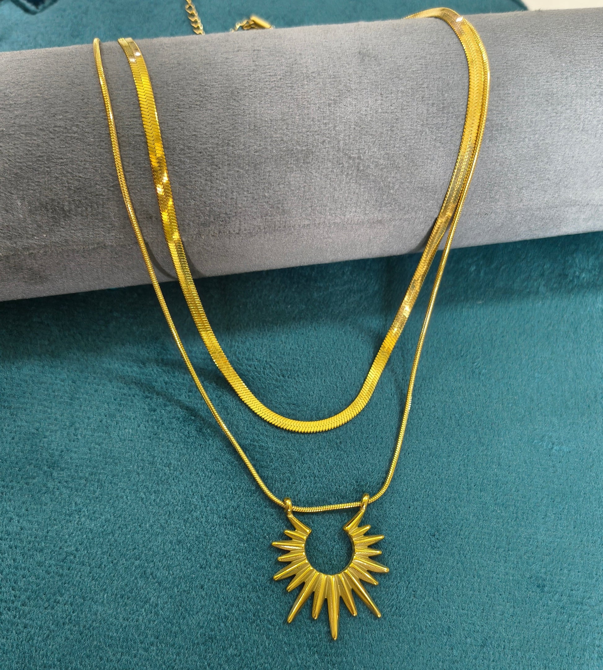 Double Layered Sun Goddess Necklace 18K Gold Plated
