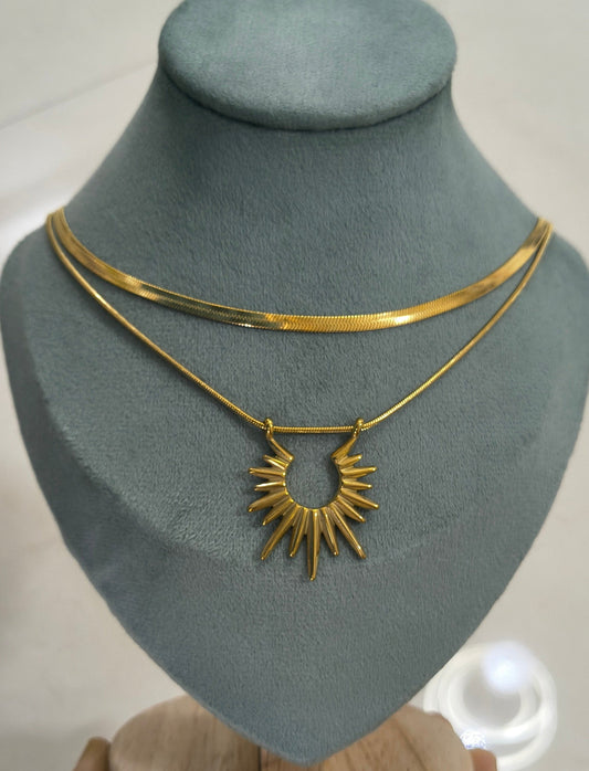 Double Layered Sun Goddess Necklace 18K Gold Plated