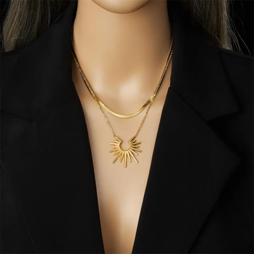 Double Layered Sun Goddess Necklace 18K Gold Plated