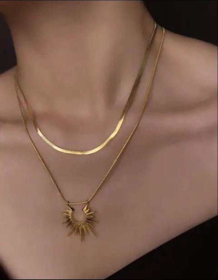 Double Layered Sun Goddess Necklace 18K Gold Plated