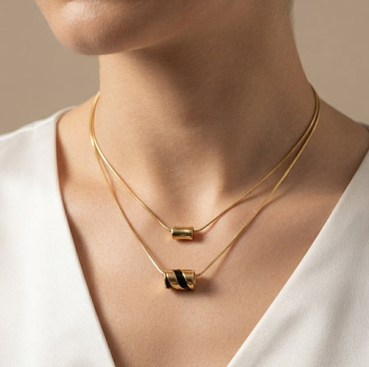 Double Layered Tube Pendant Necklace 18K Gold Plated