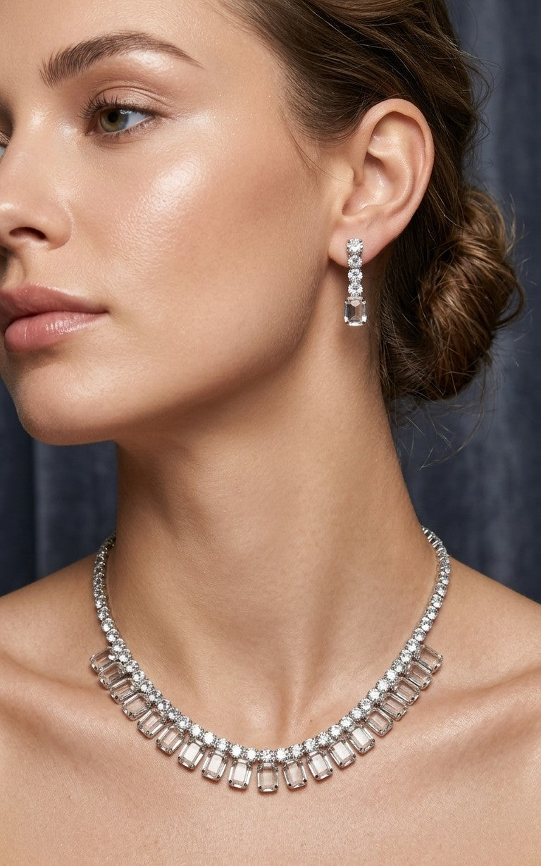 Elegant Clear Glass Stone Necklace Set Rhodium Plated