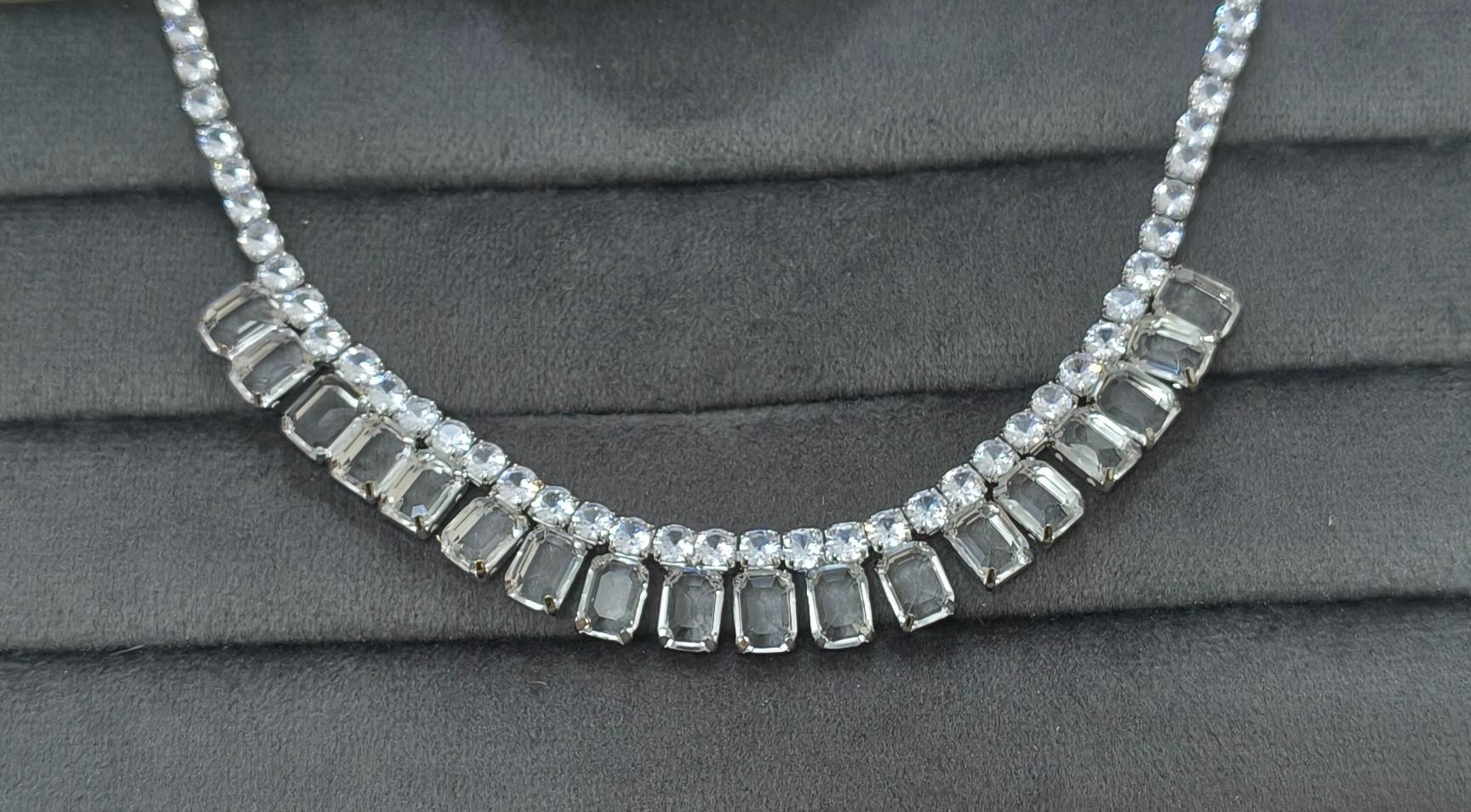 Elegant Clear Glass Stone Necklace Set Rhodium Plated