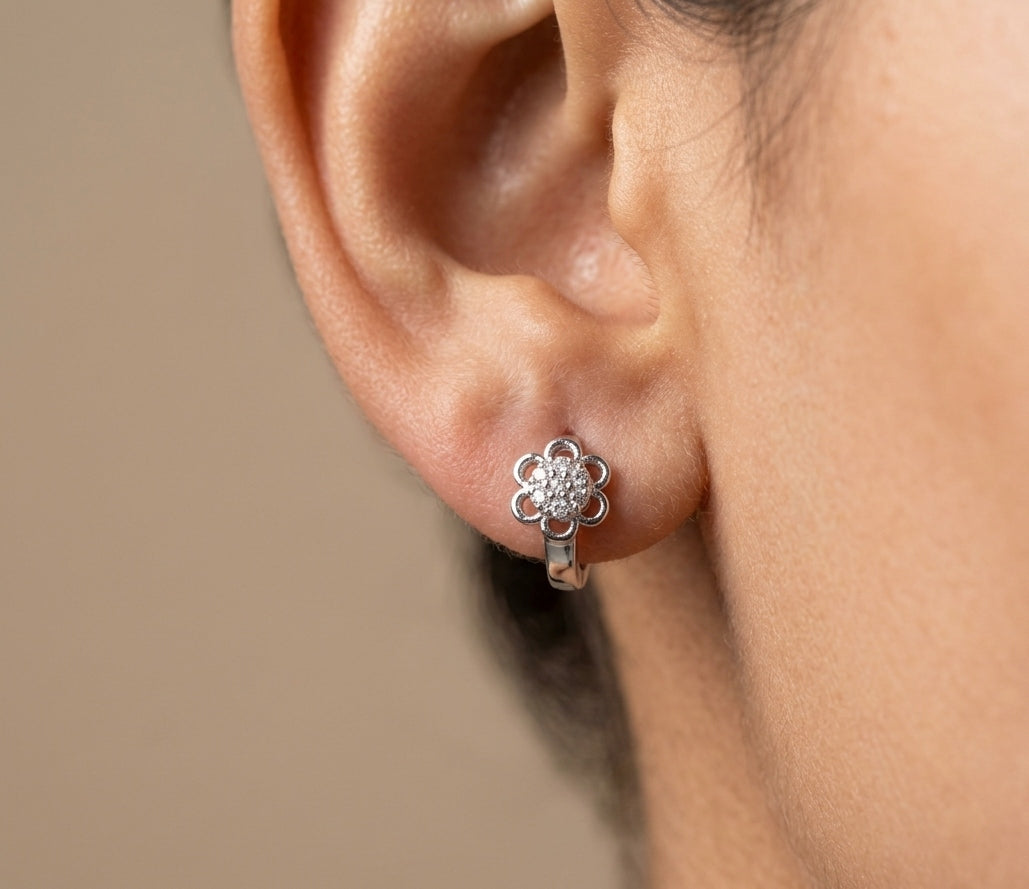 Fancy Hoop / Bali Tiny Diamond Flower Silver Earrings