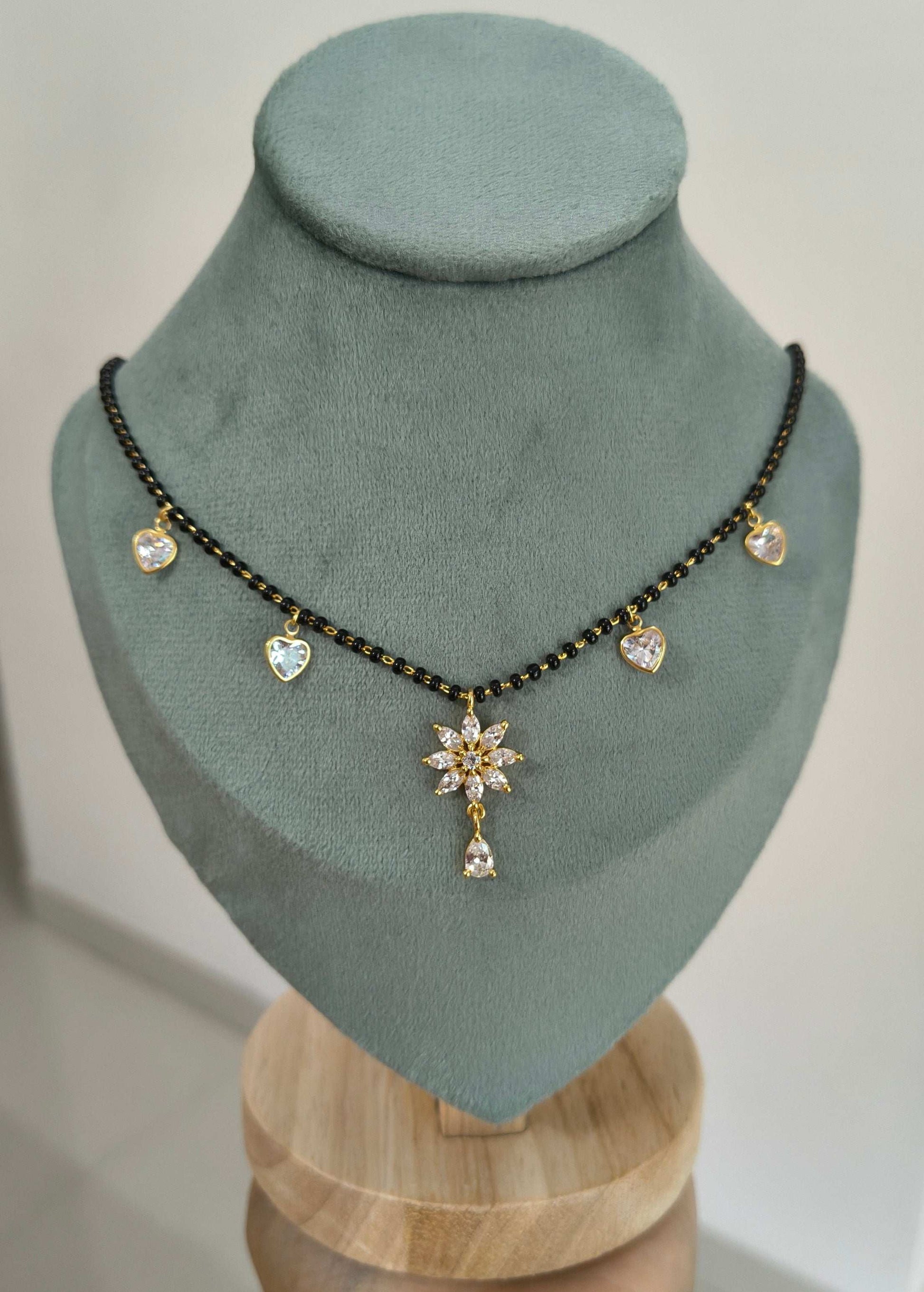 Floral Diamond Drop Black Beaded Mangalsutra Chain