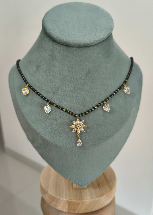 Floral Diamond Drop Black Beaded Mangalsutra Chain