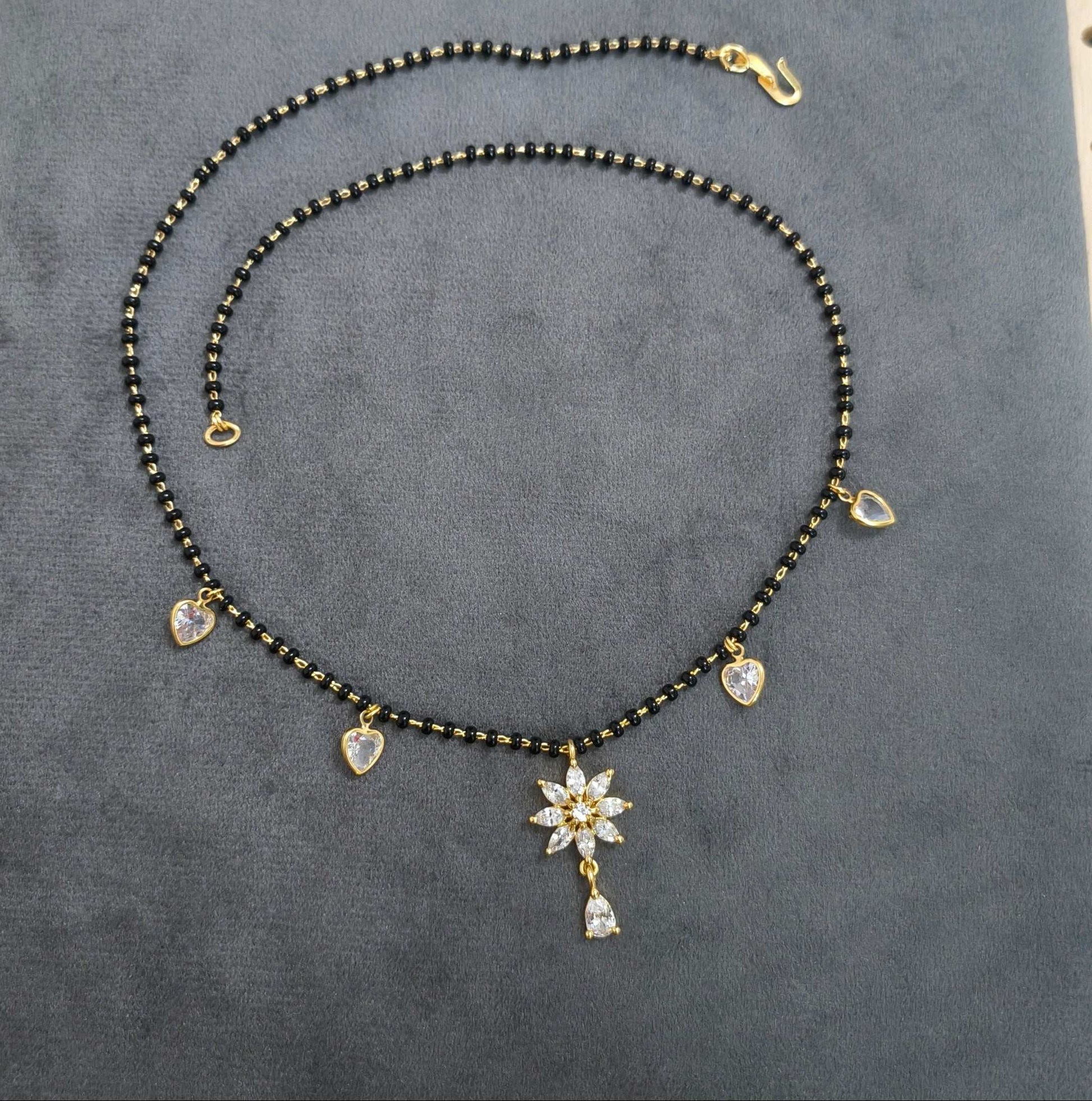 Floral Diamond Drop Black Beaded Mangalsutra Chain
