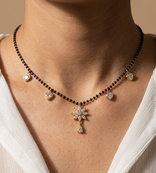 Floral Diamond Drop Black Beaded Mangalsutra Chain