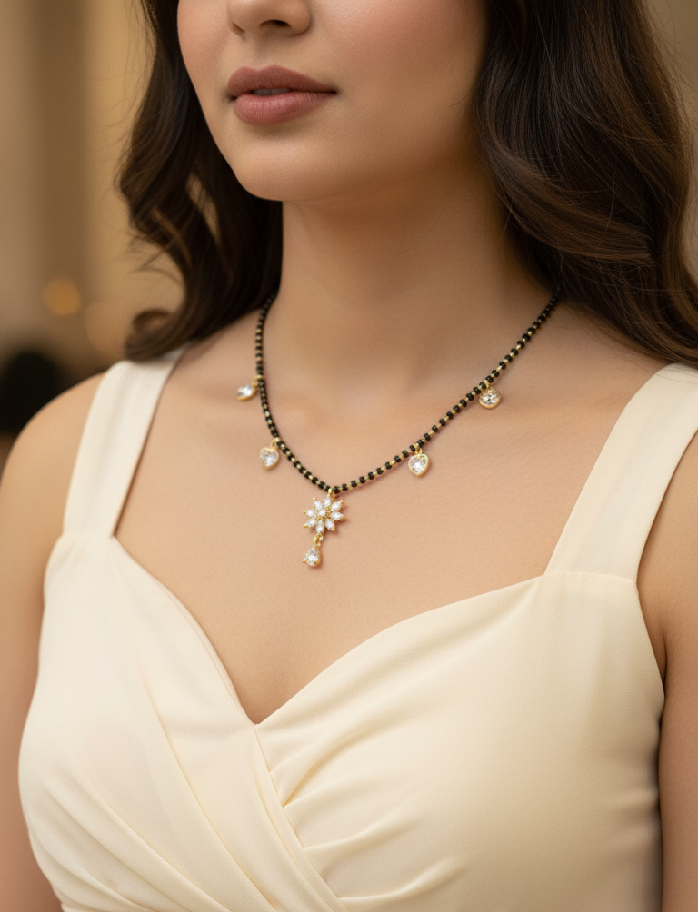 Floral Diamond Drop Black Beaded Mangalsutra Chain