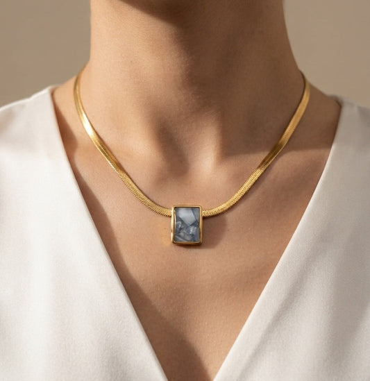 Anti Tarnish Snake Chain Blue Marble Pendant Necklace