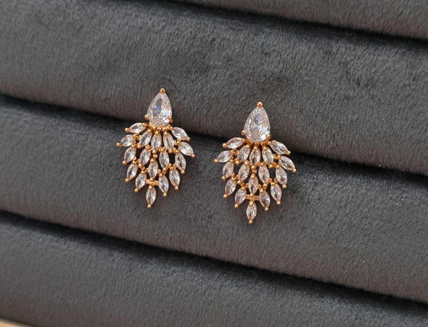 Gold Plated AD Stone Studded Leaf Shape Statement Earring